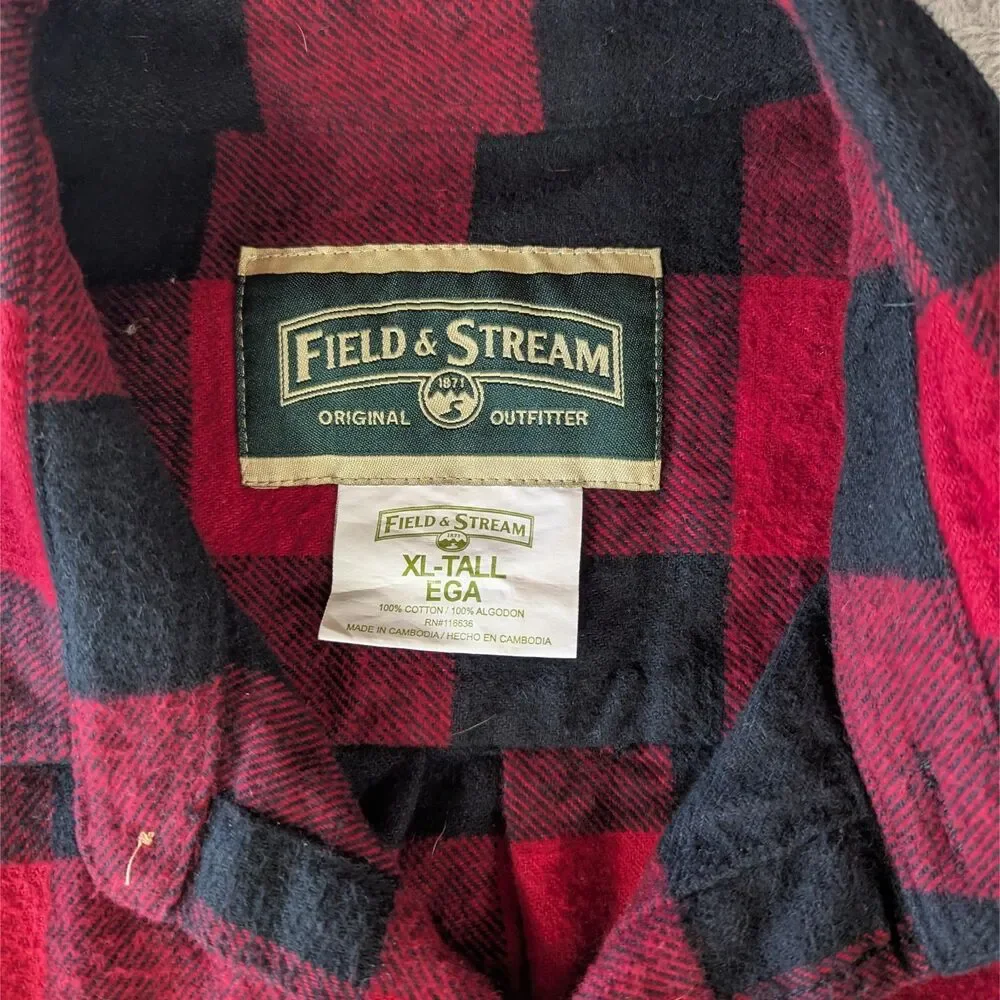 Field & Stream Flannel Shirt Mens XL Tall Red Black Buffalo Plaid Cotton XLT